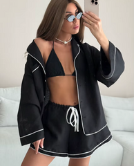 Elegant Long Sleeve Shirt With High Waist Shorts Loose 2 Pieces Set