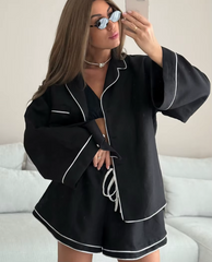 Elegant Long Sleeve Shirt With High Waist Shorts Loose 2 Pieces Set