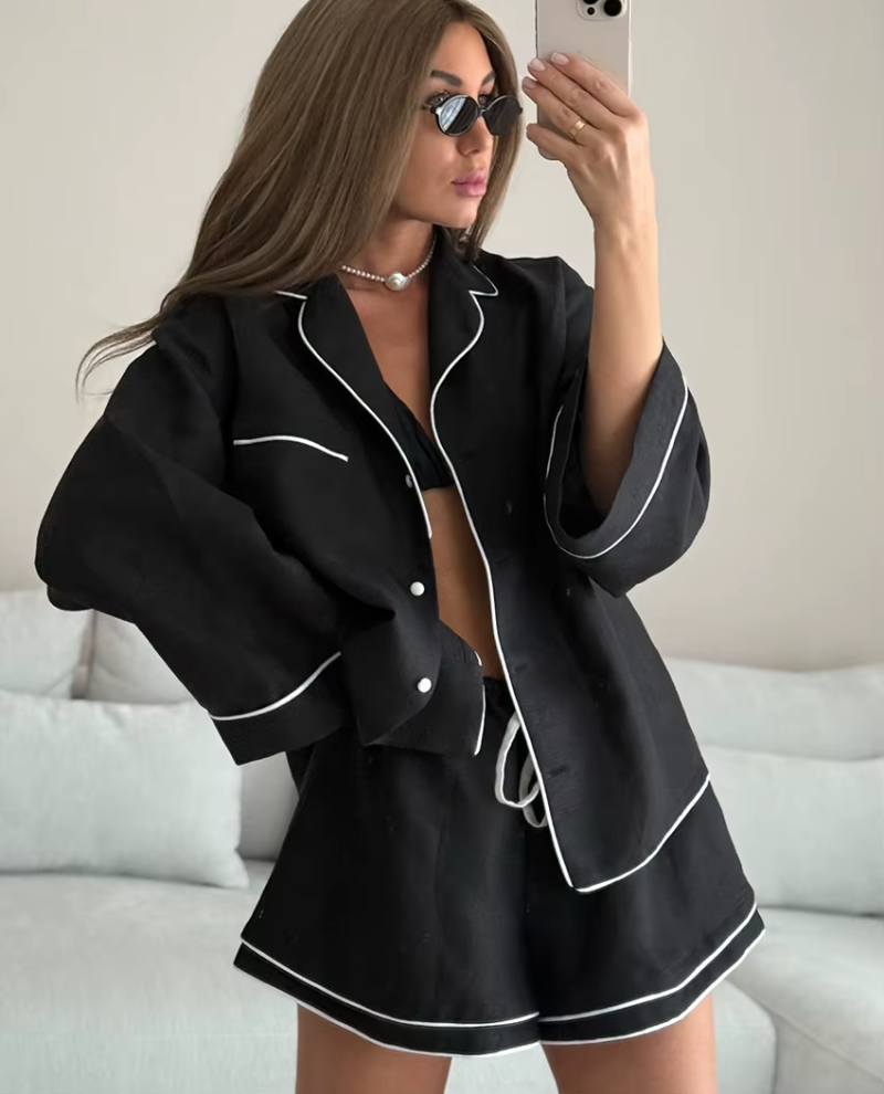 Elegant Long Sleeve Shirt With High Waist Shorts Loose 2 Pieces Set