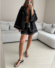 Elegant Long Sleeve Shirt With High Waist Shorts Loose 2 Pieces Set