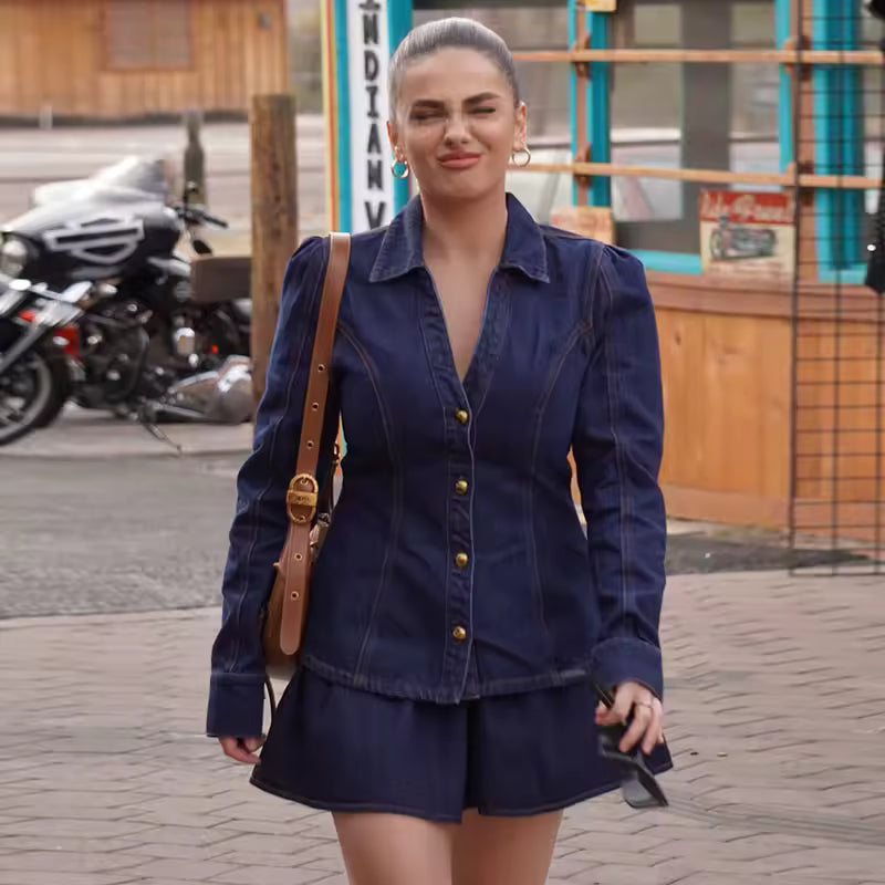 Elegant Long Sleeve Single Breasted V-neck A-line Denim Jacket Skirt Set