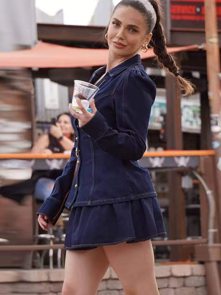 Elegant Long Sleeve Single Breasted V-neck A-line Denim Jacket Skirt Set