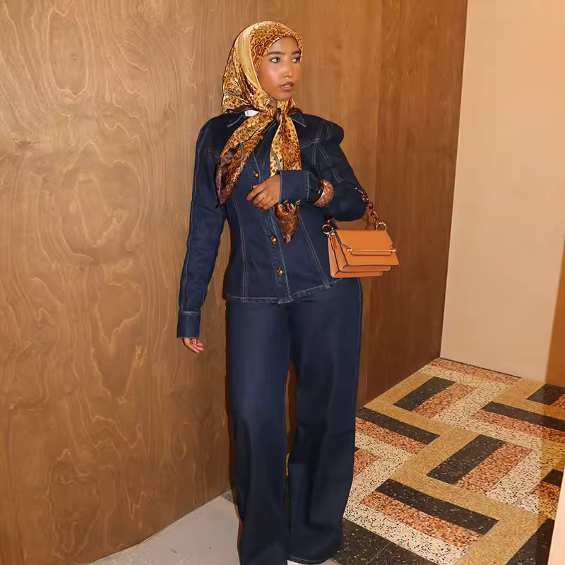 Elegant Long Sleeve Single Breasted V-neck Top A-line Denim Jacket Pant Set