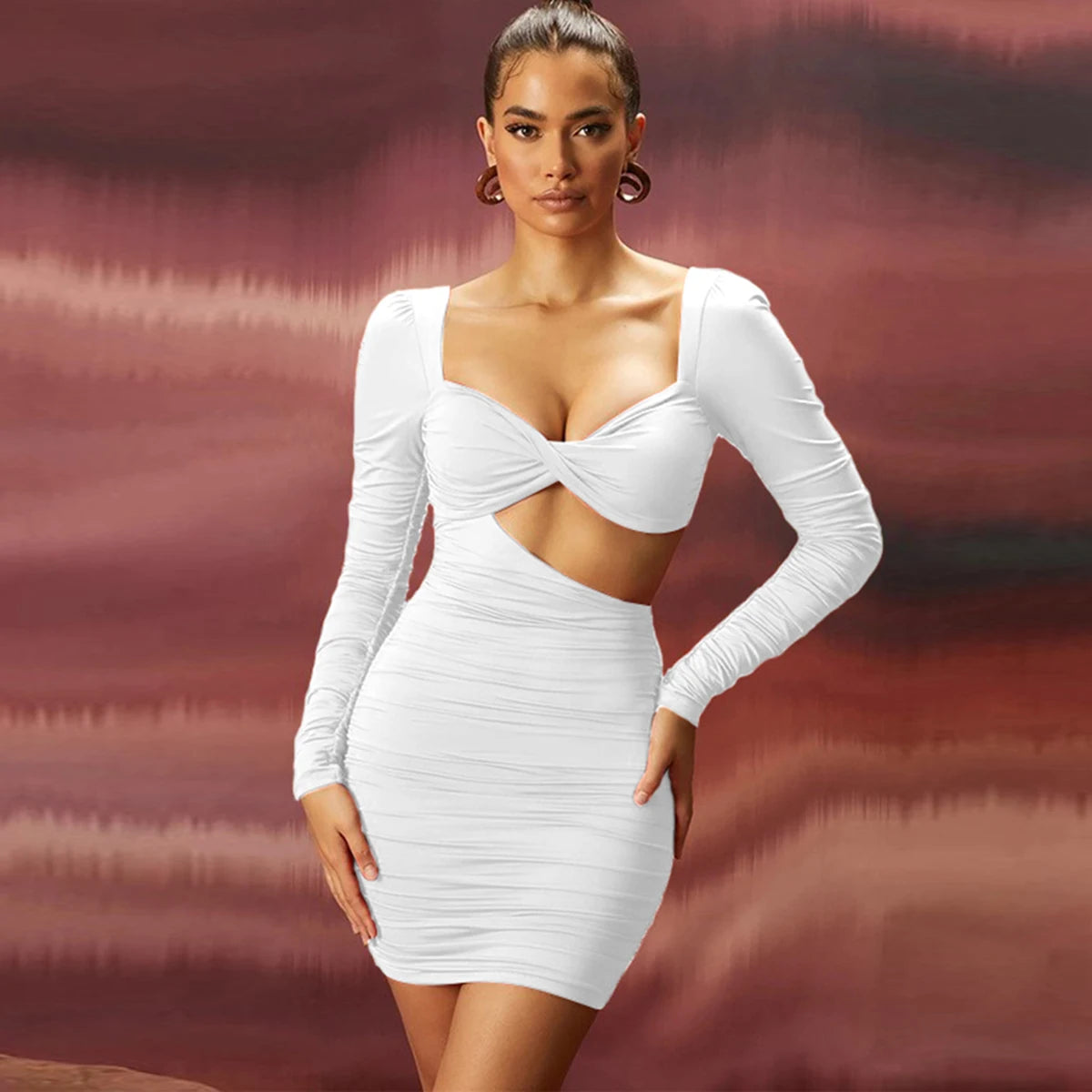 Elegant Long Sleeve V Neck Backless Hollow Out Bodycon Short Dresses