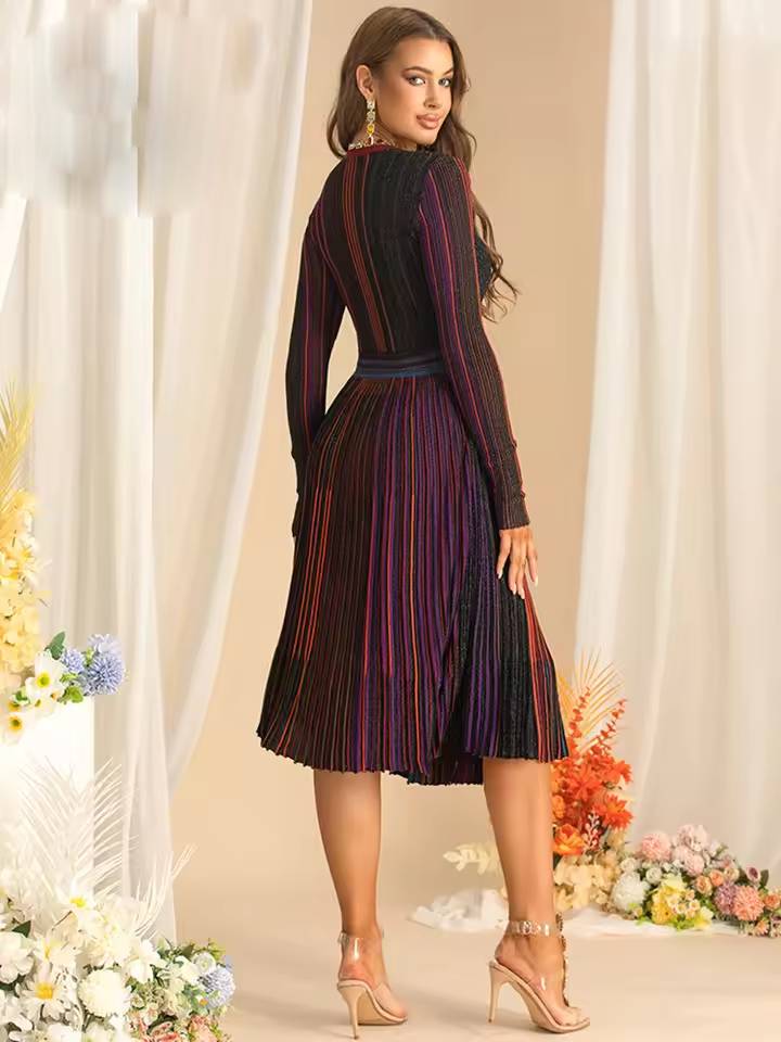 Elegant Long Sleeve V-Neck High Waist Striped Ombre Midi Dress