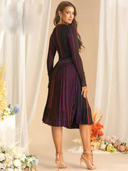 Elegant Long Sleeve V-Neck High Waist Striped Ombre Midi Dress