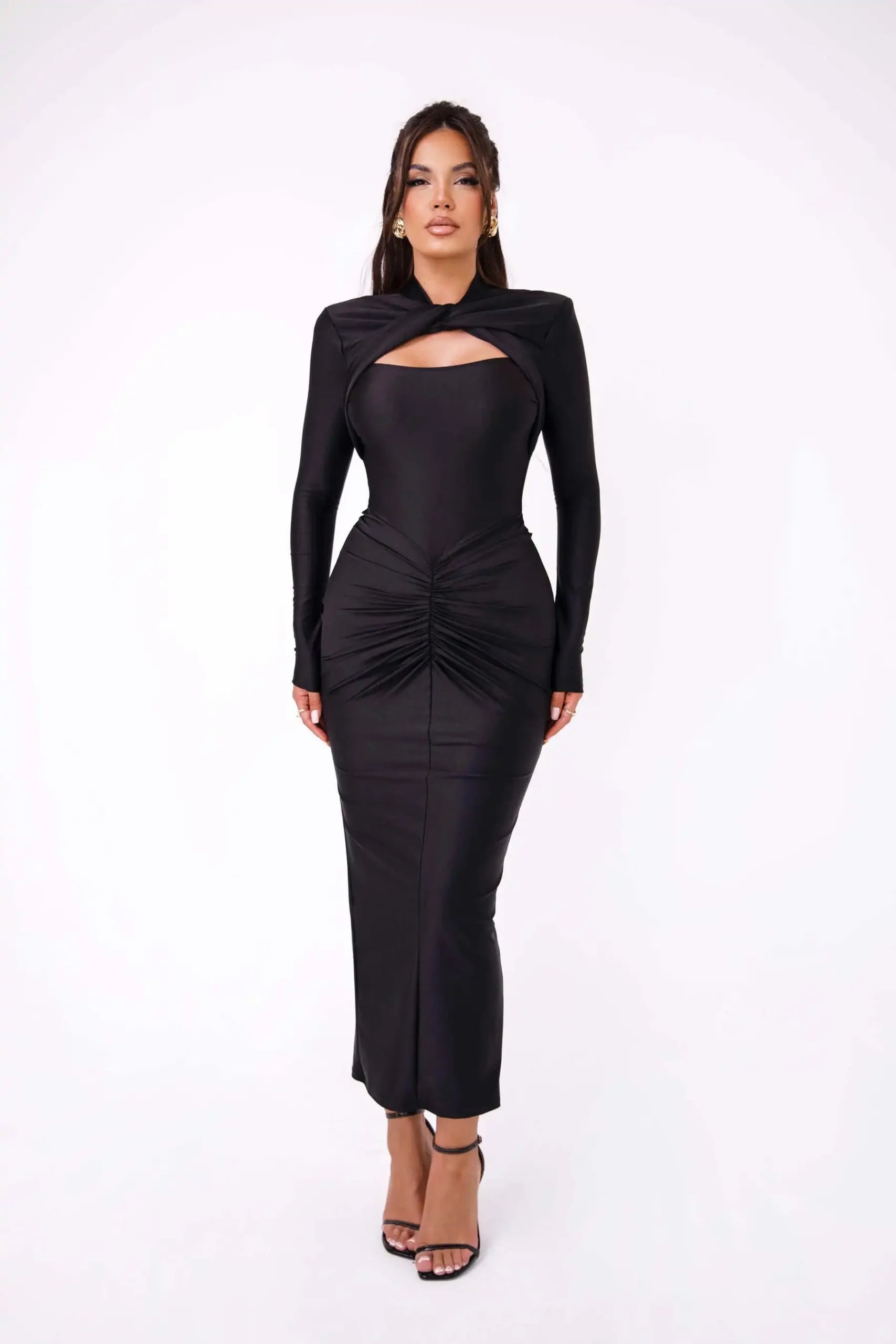 Elegant Long Sleeved Elastic Tight Bodycon Pleated Party Club Evening Dress