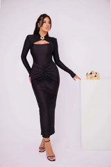 Elegant Long Sleeved Elastic Tight Bodycon Pleated Party Club Evening Dress