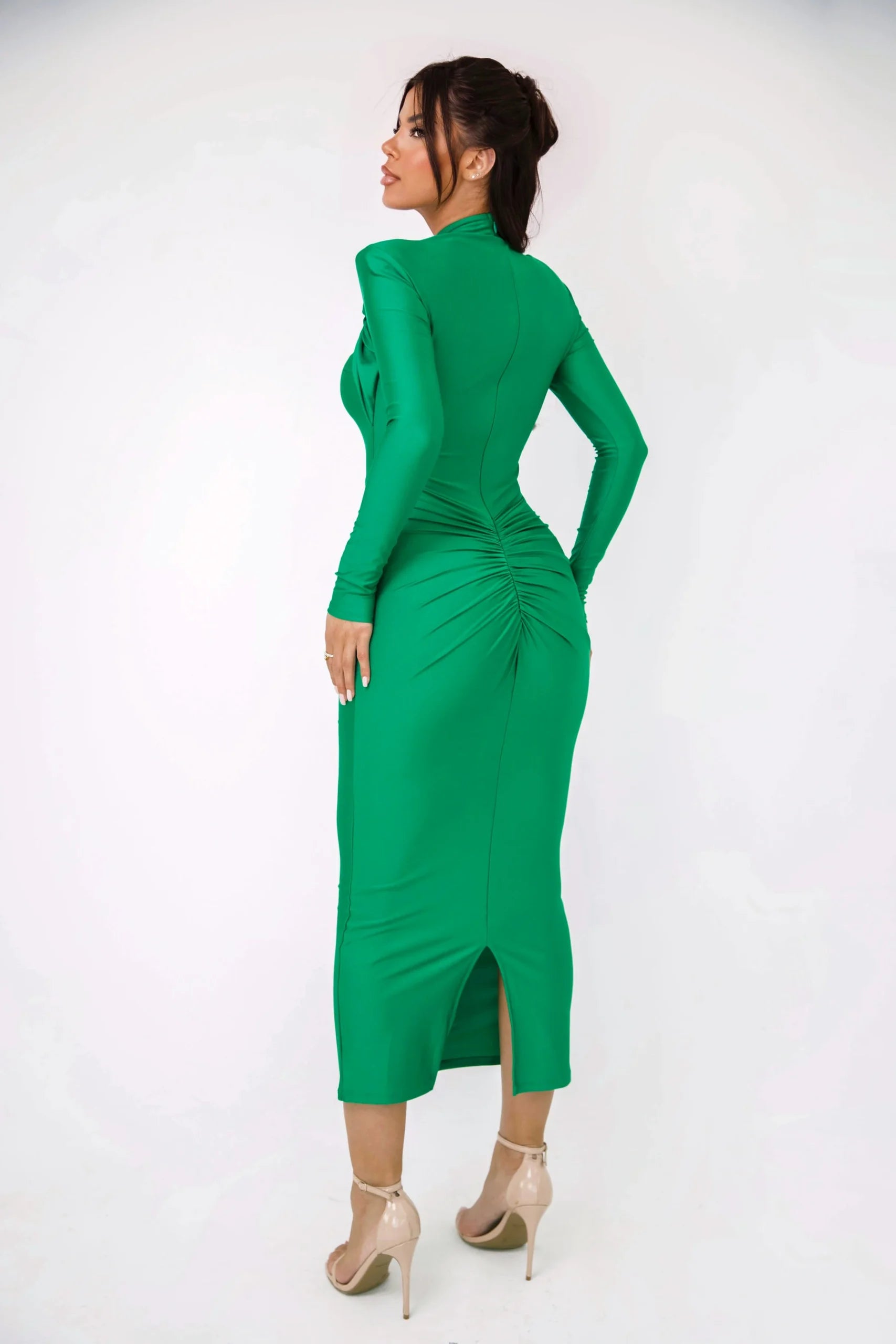 Elegant Long Sleeved Elastic Tight Bodycon Pleated Party Club Evening Dress