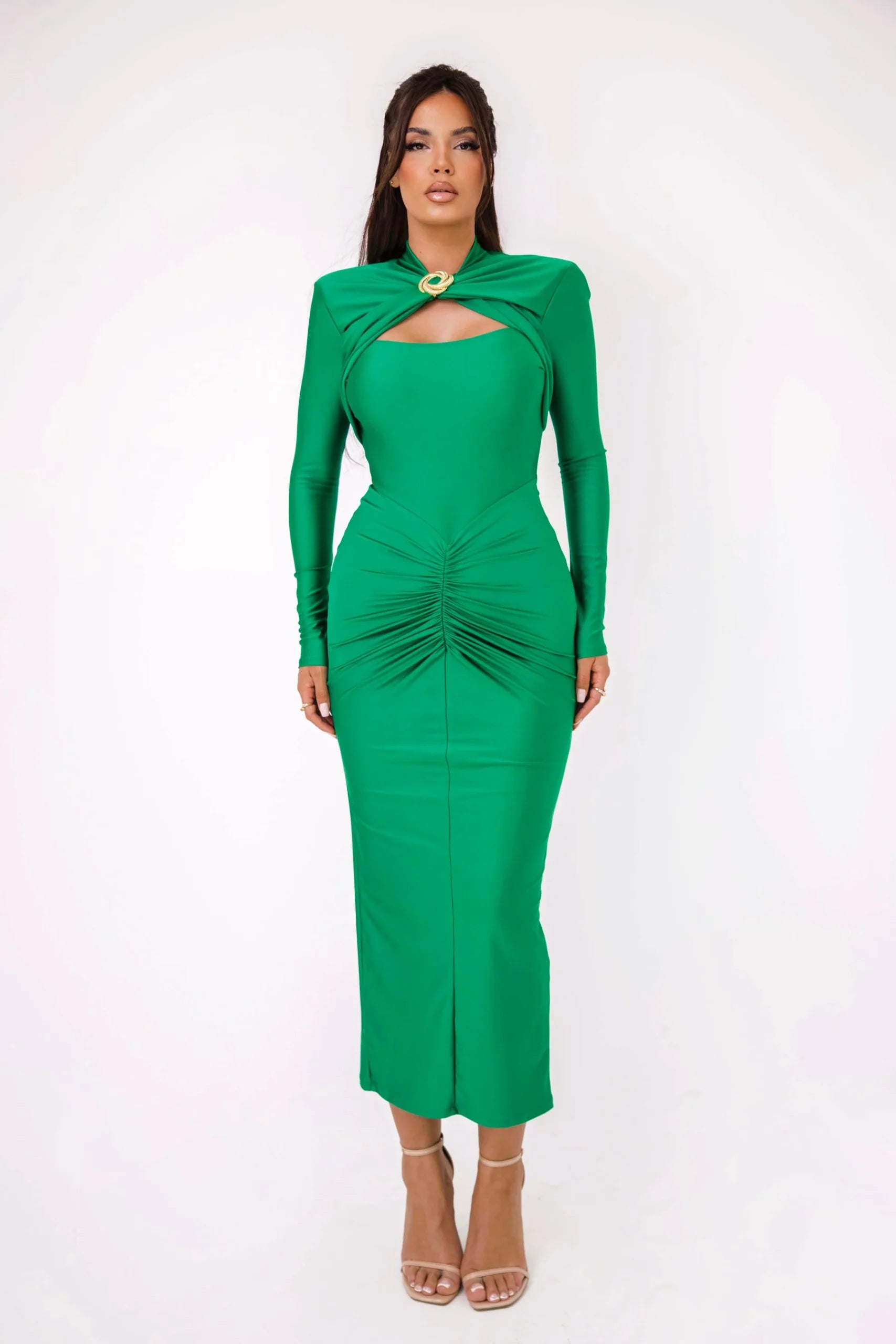 Elegant Long Sleeved Elastic Tight Bodycon Pleated Party Club Evening Dress