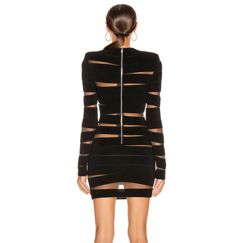 Elegant Long-Sleeved Mesh Irregular Hollow Niche Round Neck Hundred Slim Fit Mini Dress