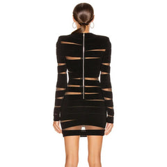 Elegant Long-Sleeved Mesh Irregular Hollow Niche Round Neck Hundred Slim Fit Mini Dress