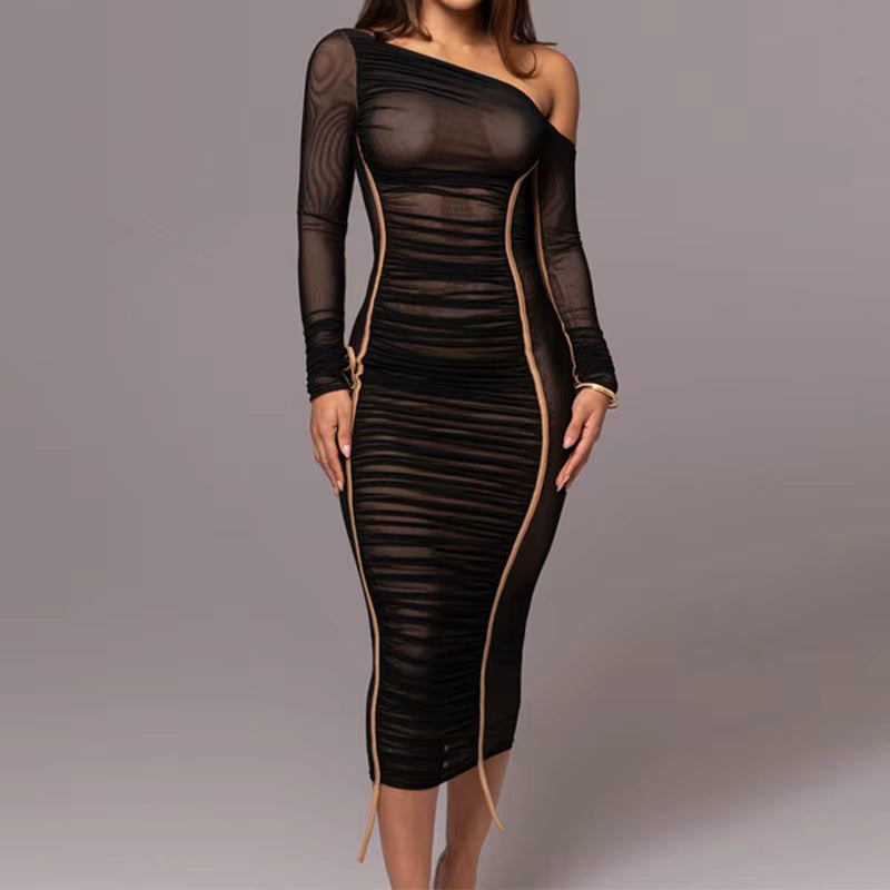 Elegant Long Sleeved Mesh Spliced Diagonal Shoulder Mid Length Skirt Pleated Midi Dress