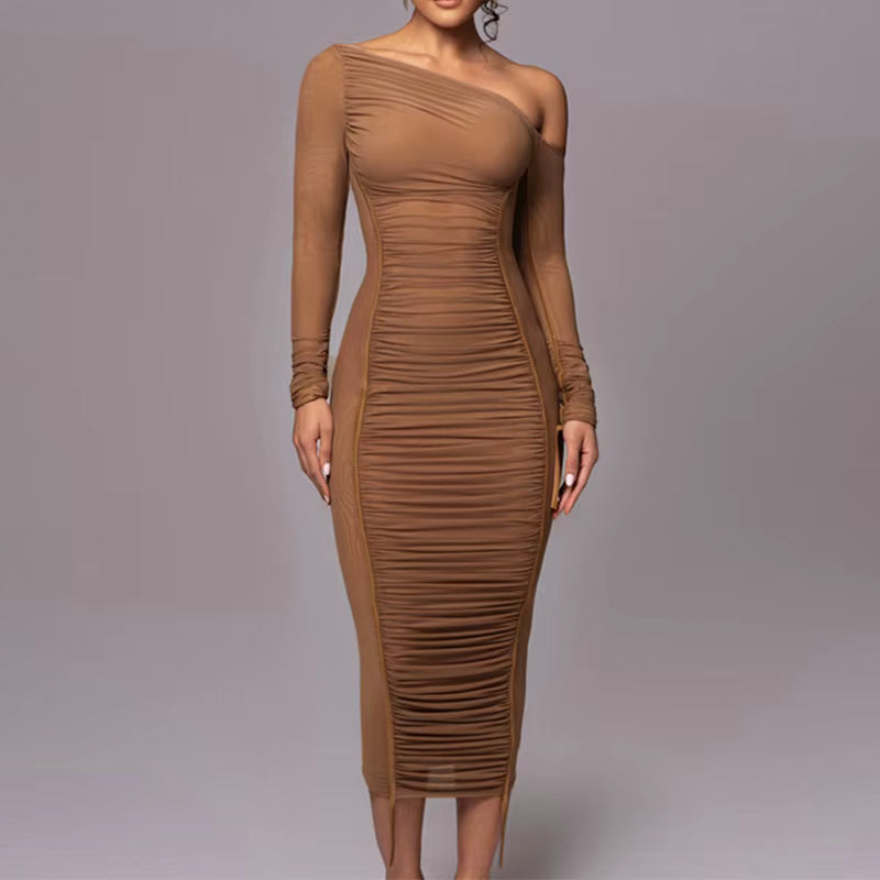Elegant Long Sleeved Mesh Spliced Diagonal Shoulder Mid Length Skirt Pleated Midi Dress