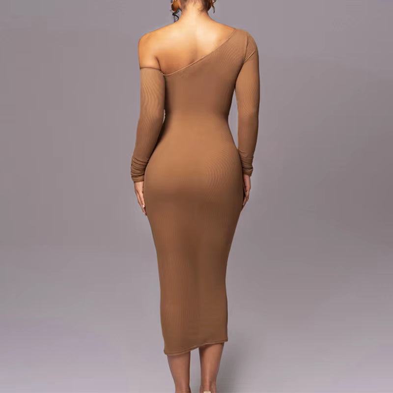 Elegant Long Sleeved Mesh Spliced Diagonal Shoulder Mid Length Skirt Pleated Midi Dress