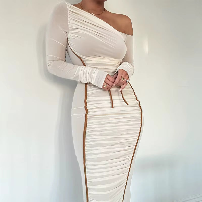 Elegant Long Sleeved Mesh Spliced Diagonal Shoulder Mid Length Skirt Pleated Midi Dress