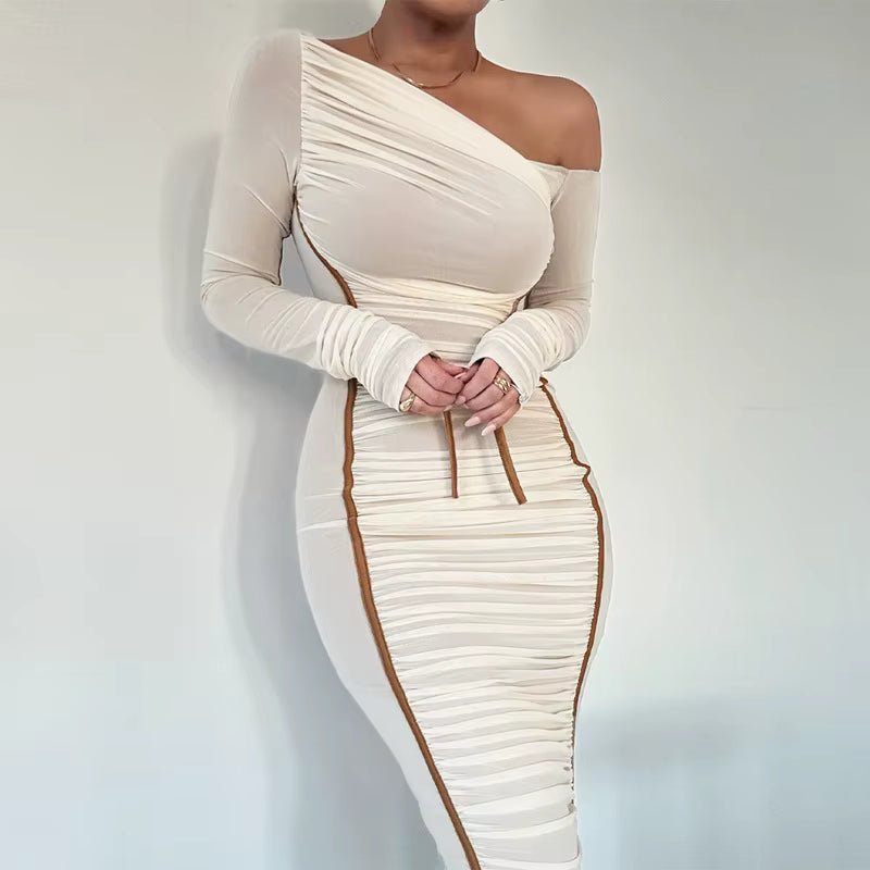 Elegant Long Sleeved Mesh Spliced Diagonal Shoulder Mid Length Skirt Pleated Midi Dress