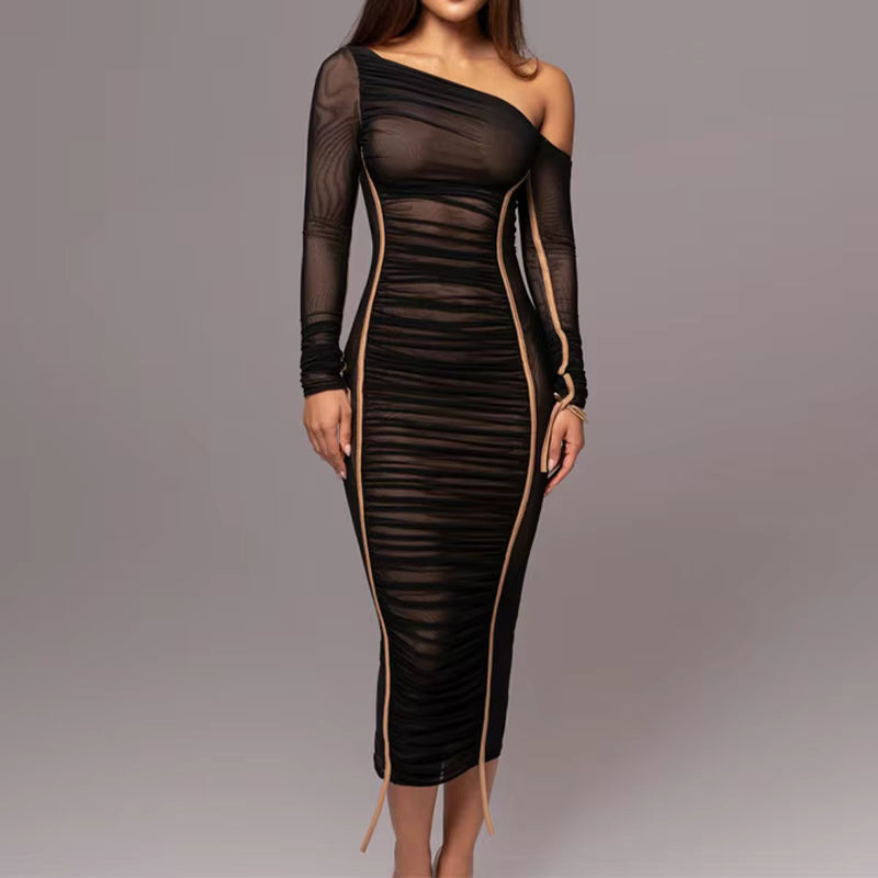 Elegant Long Sleeved Mesh Spliced Diagonal Shoulder Mid Length Skirt Pleated Midi Dress