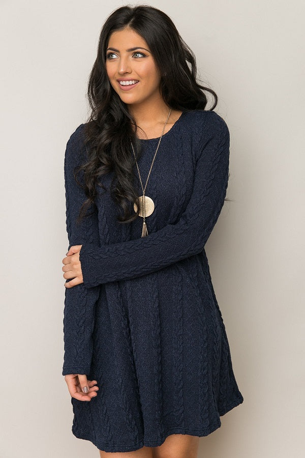 Elegant Long-Sleeved Round Neck Solid Color Knitted Dress
