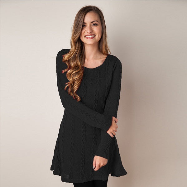 Elegant Long-Sleeved Round Neck Solid Color Knitted Dress