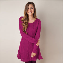 Elegant Long-Sleeved Round Neck Solid Color Knitted Dress