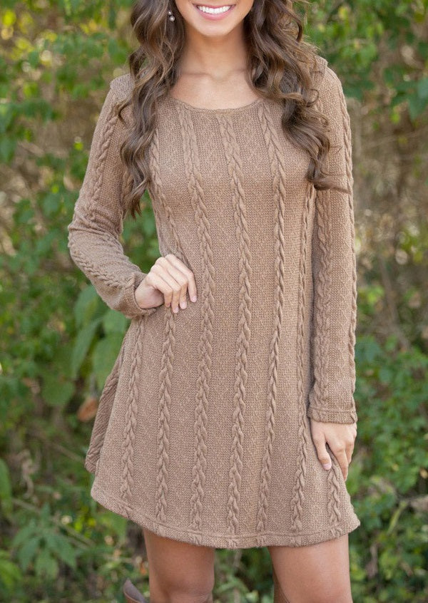 Elegant Long-Sleeved Round Neck Solid Color Knitted Dress
