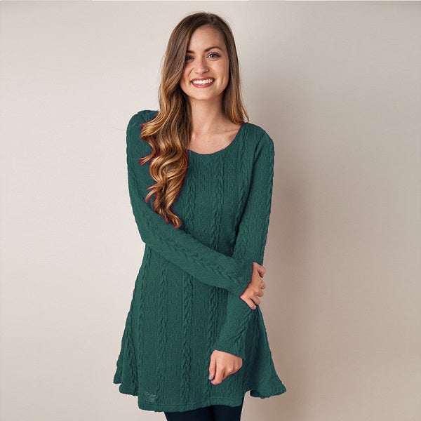 Elegant Long-Sleeved Round Neck Solid Color Knitted Dress