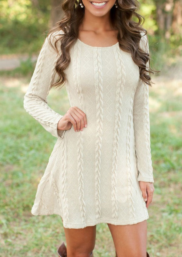 Elegant Long-Sleeved Round Neck Solid Color Knitted Dress