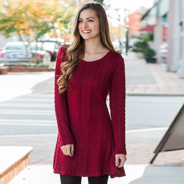Elegant Long-Sleeved Round Neck Solid Color Knitted Dress