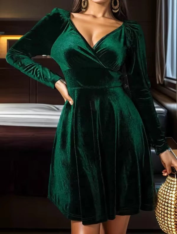 Elegant Long-Sleeved Velvet Slight Stretch Mini Dress