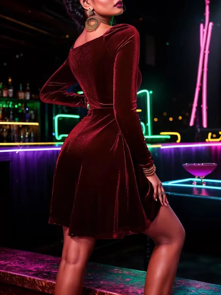 Elegant Long-Sleeved Velvet Slight Stretch Mini Dress