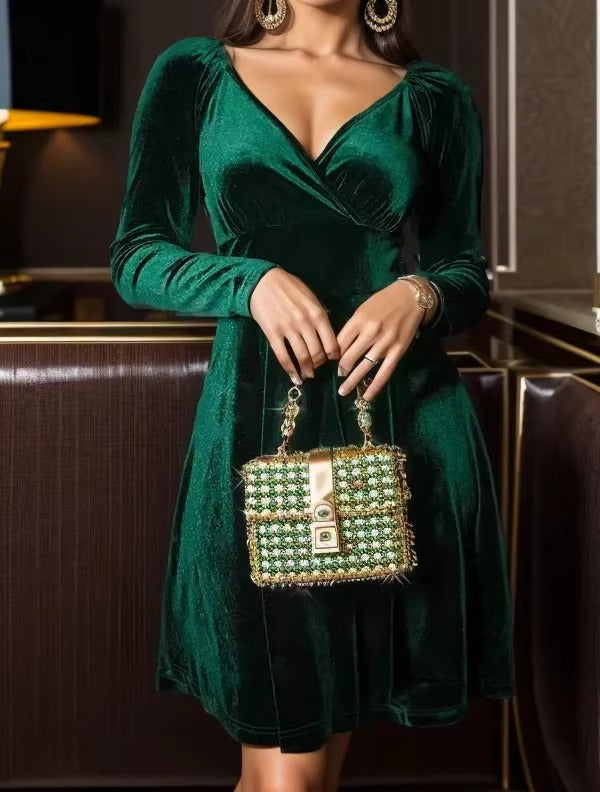 Elegant Long-Sleeved Velvet Slight Stretch Mini Dress