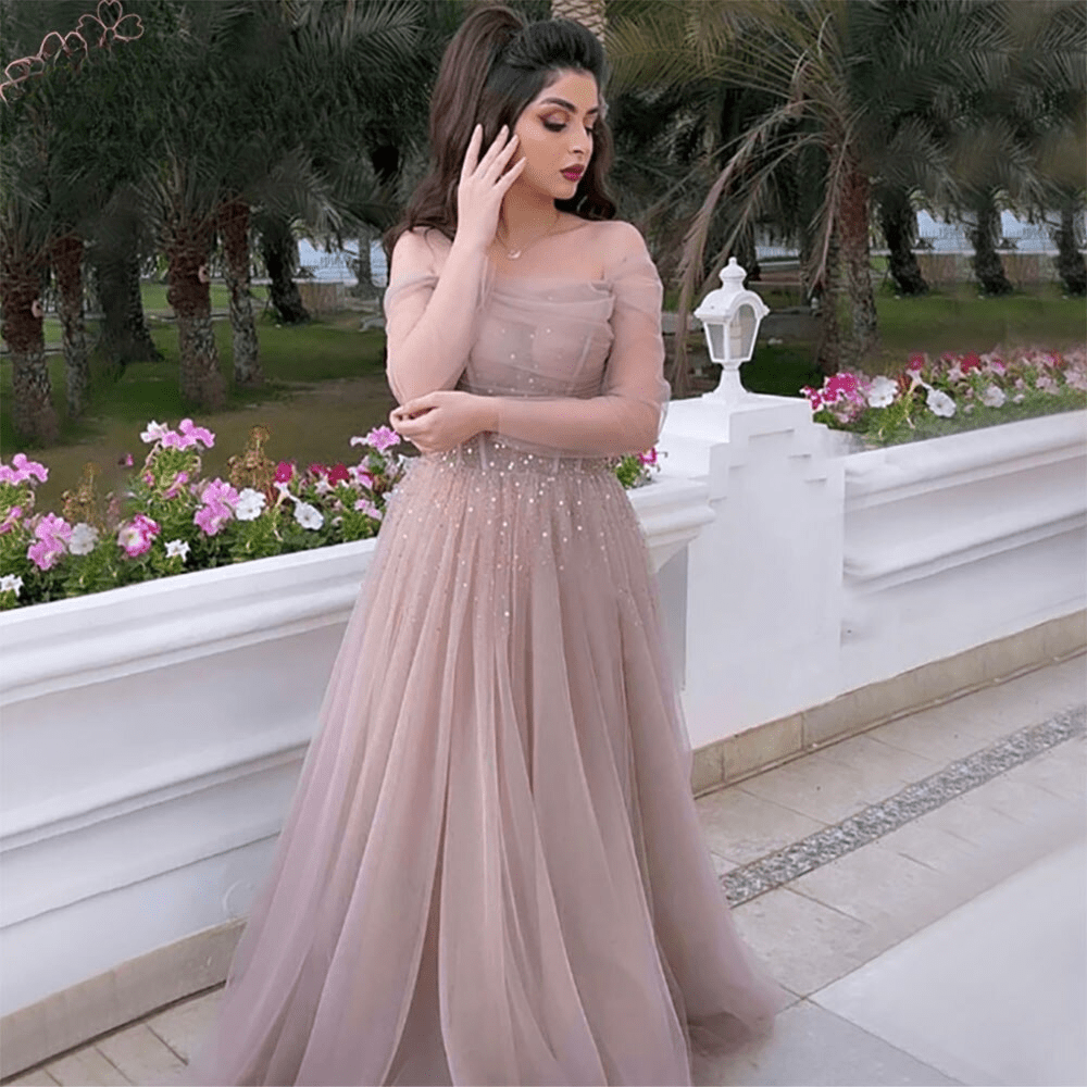 Elegant Long Sleeves Blush Beads Evening Party Long Dress