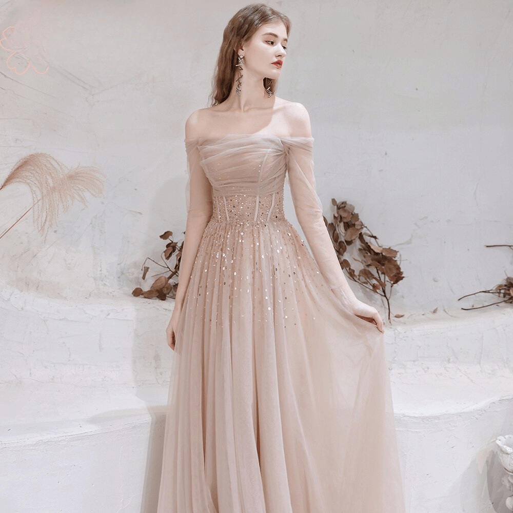 Elegant Long Sleeves Blush Beads Evening Party Long Dress