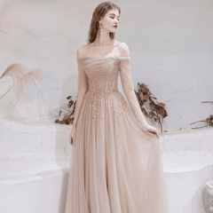 Elegant Long Sleeves Blush Beads Evening Party Long Dress