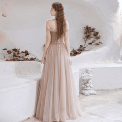 Elegant Long Sleeves Blush Beads Evening Party Long Dress
