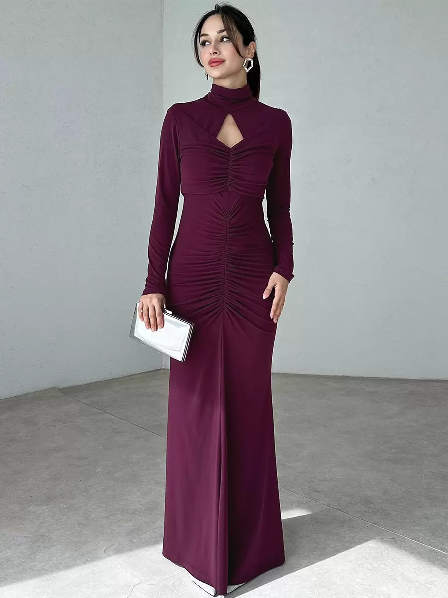 Elegant Long Sleeves Cut Out Chic High Collar Body-conscious Sheath Bodycon Dress