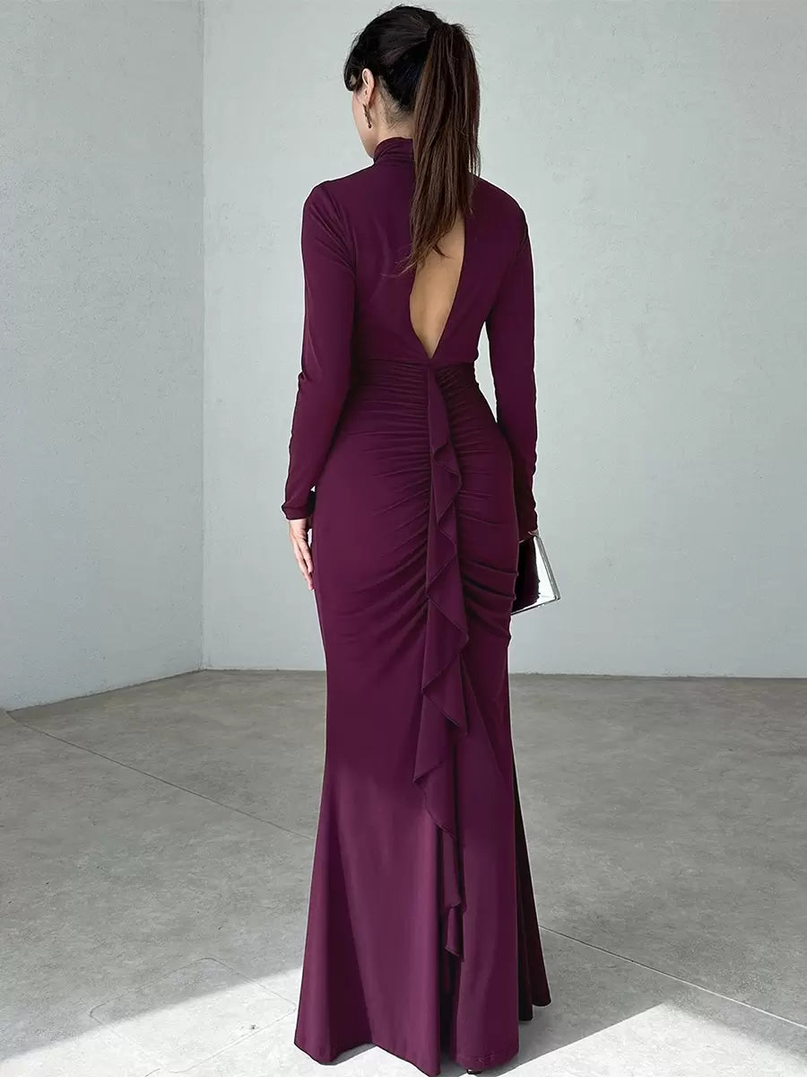 Elegant Long Sleeves Cut Out Chic High Collar Body-conscious Sheath Bodycon Dress