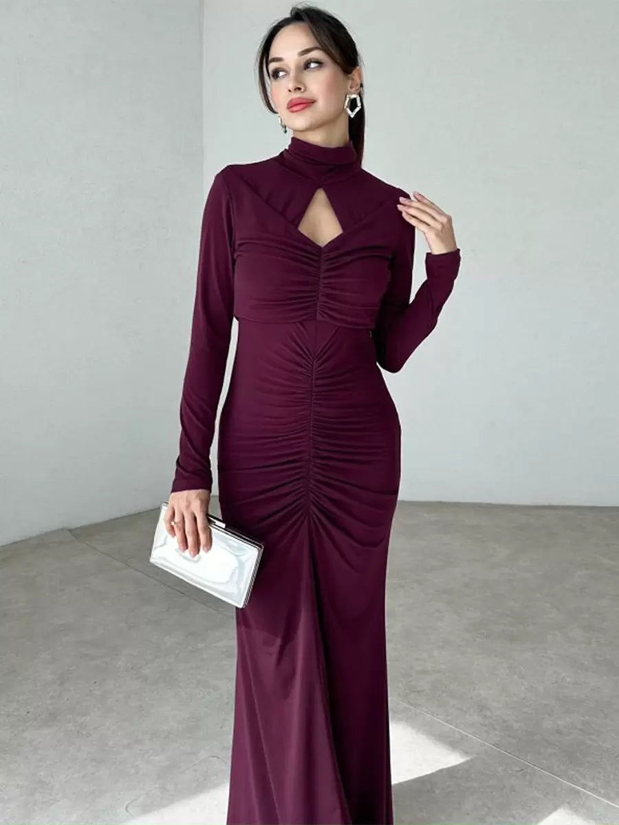 Elegant Long Sleeves Cut Out Chic High Collar Body-conscious Sheath Bodycon Dress