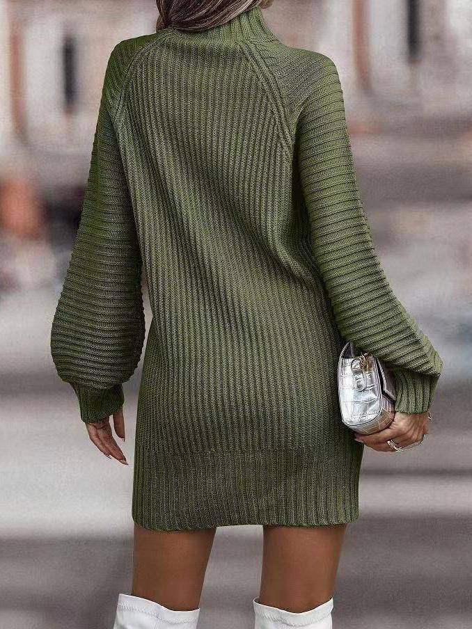 Elegant Long Sleeves High Collar Knitted Mini Dress