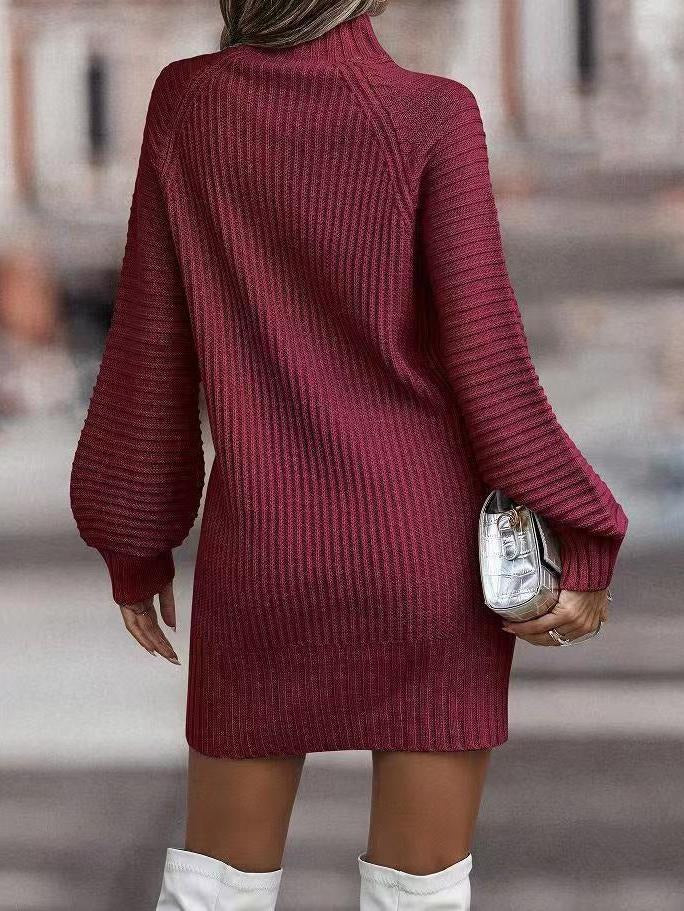 Elegant Long Sleeves High Collar Knitted Mini Dress