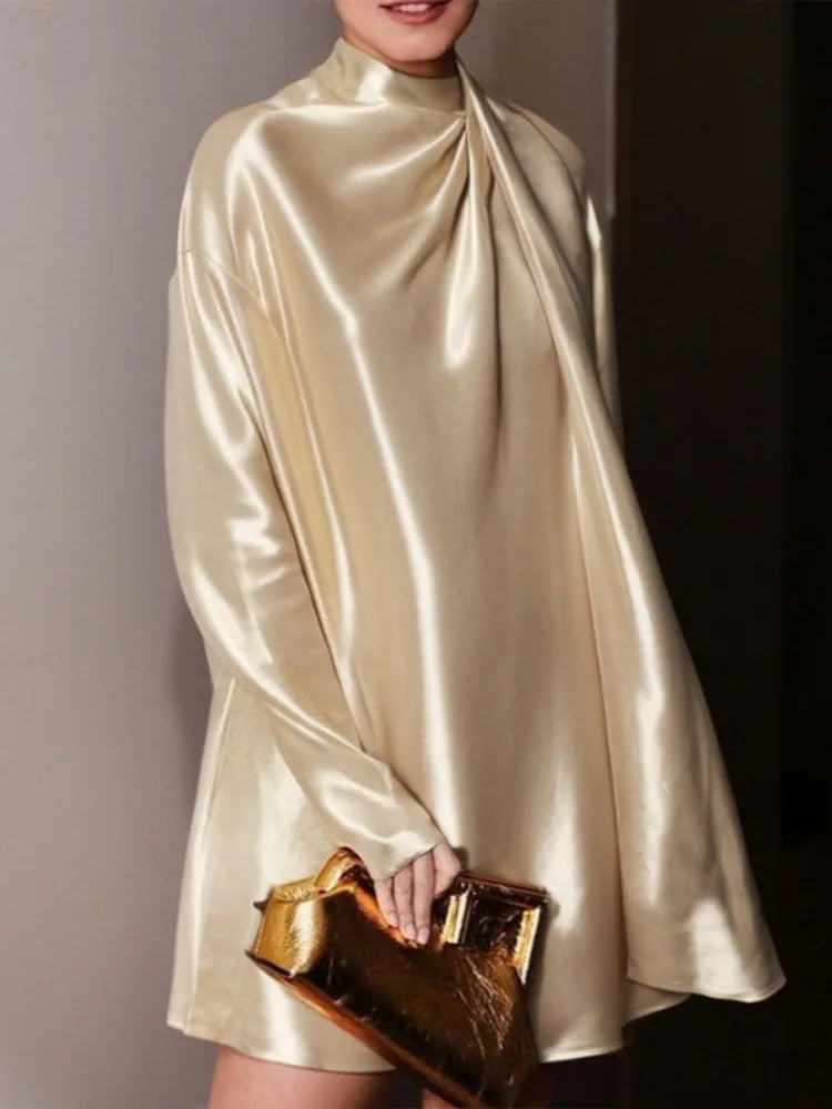 Elegant Long Sleeves High Neck Solid Color Pleated Shiny Party Mini Dress