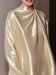 Elegant Long Sleeves High Neck Solid Color Pleated Shiny Party Mini Dress