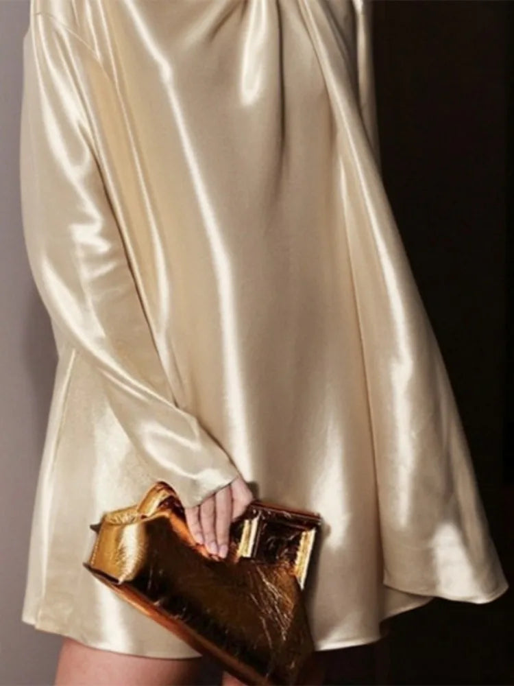 Elegant Long Sleeves High Neck Solid Color Pleated Shiny Party Mini Dress