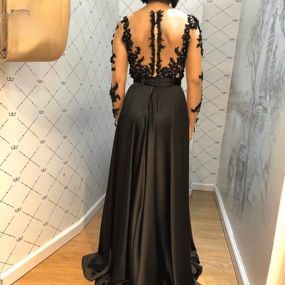 Elegant Long Sleeves Lace Applique Beads Side Slit Evening Dress