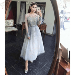 Elegant Long Sleeves O Neck A-Line Evening Night Dresses for Women