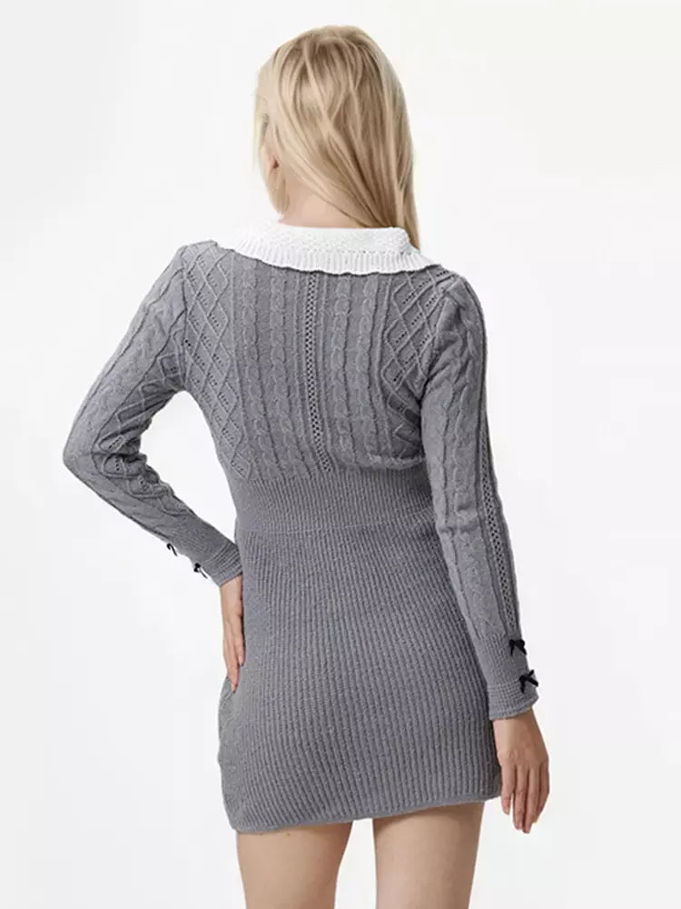 Elegant Long Sleeves Peter Pan Collar Knitted Mini Dress