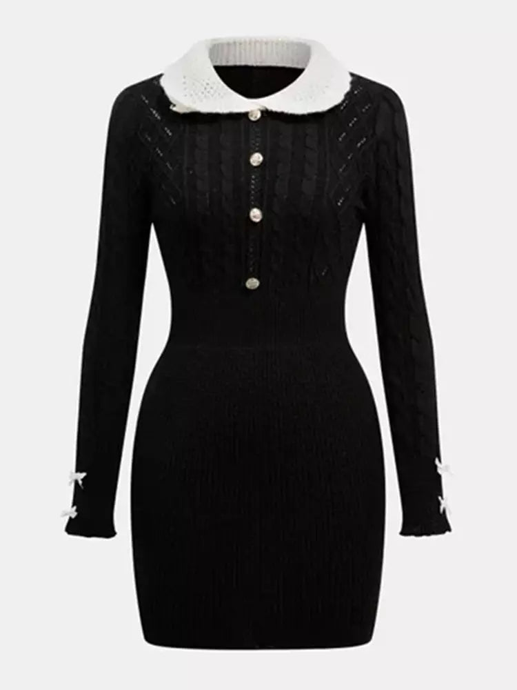 Elegant Long Sleeves Peter Pan Collar Knitted Mini Dress