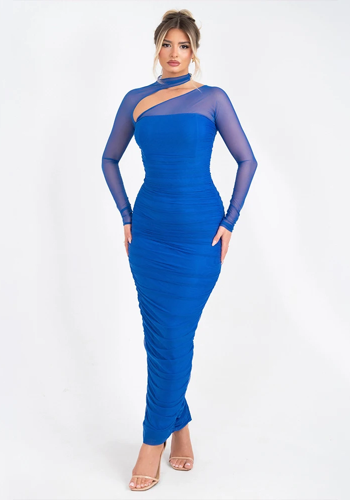 Elegant Long Sleeves Temperament Irregular Diagonal Collar Folds Zipper Stretch Long Dress