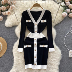 Elegant Long Sleeves V Neck Slim Casual Dress